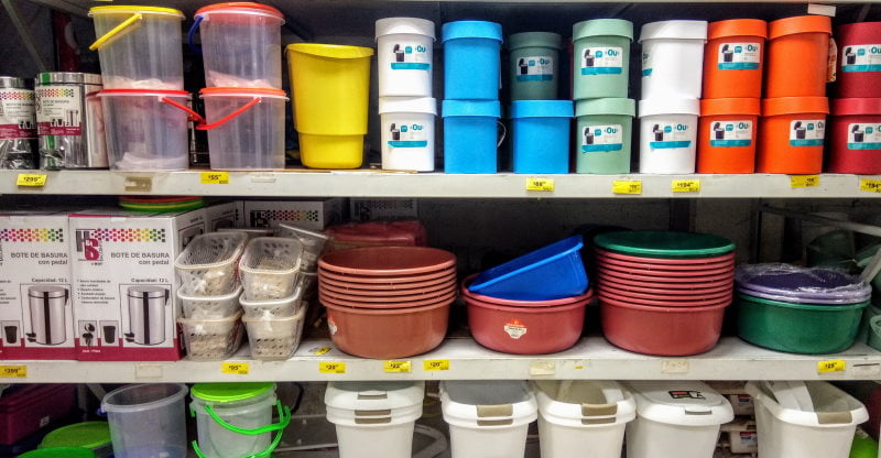 Assorted plastic goods on a shop shelf
